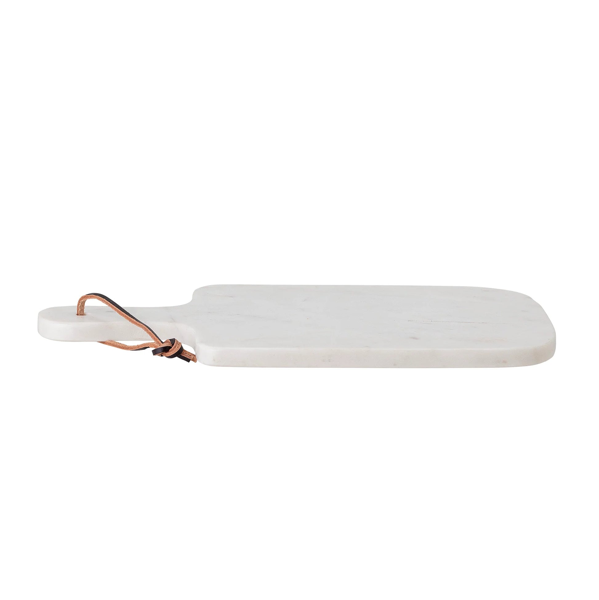 The Gurly Cutting Board Marble by Bloomingville features a classic white marble board with a chic leather string attached to its handle