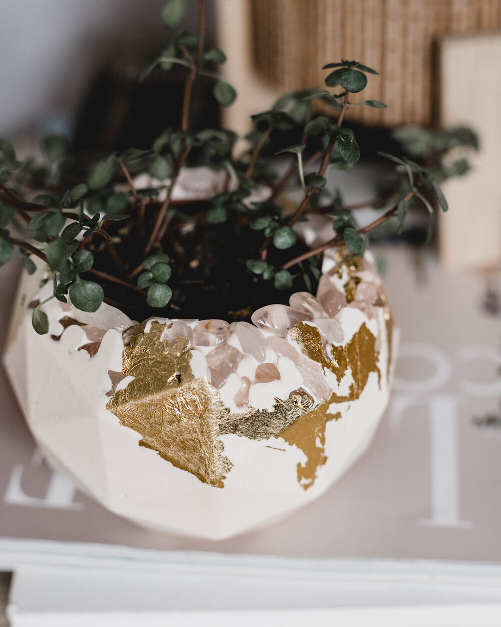 The Every Space hand poured, white eco resin geometric pot for plants or candles, with tumbled blush pink rose quartz and gold lead embedded rim by Birch & Badger