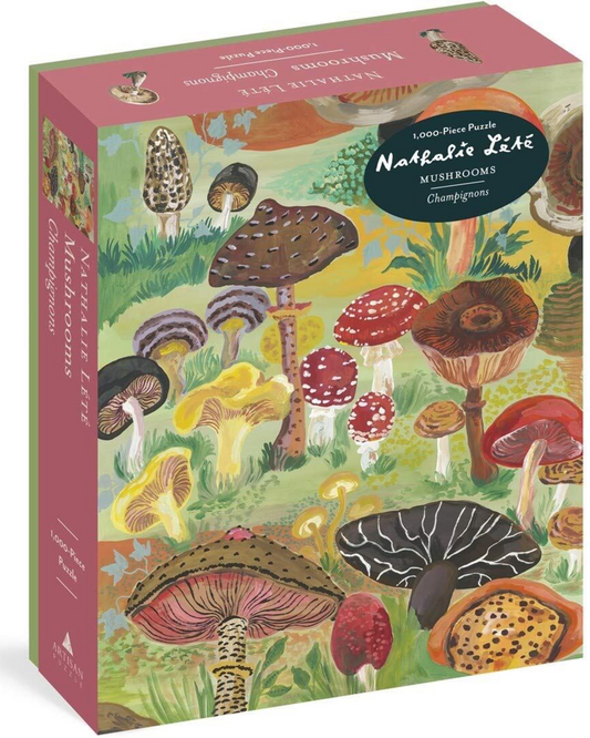 A 1000 piece jigsaw puzzle box of various types of mushrooms by Nathalie Lete