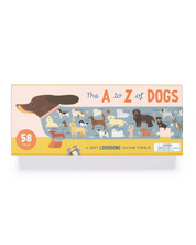 50 piece puzzle box showing a sausage dog shaped puzzle with a body made of many breeds of dogs