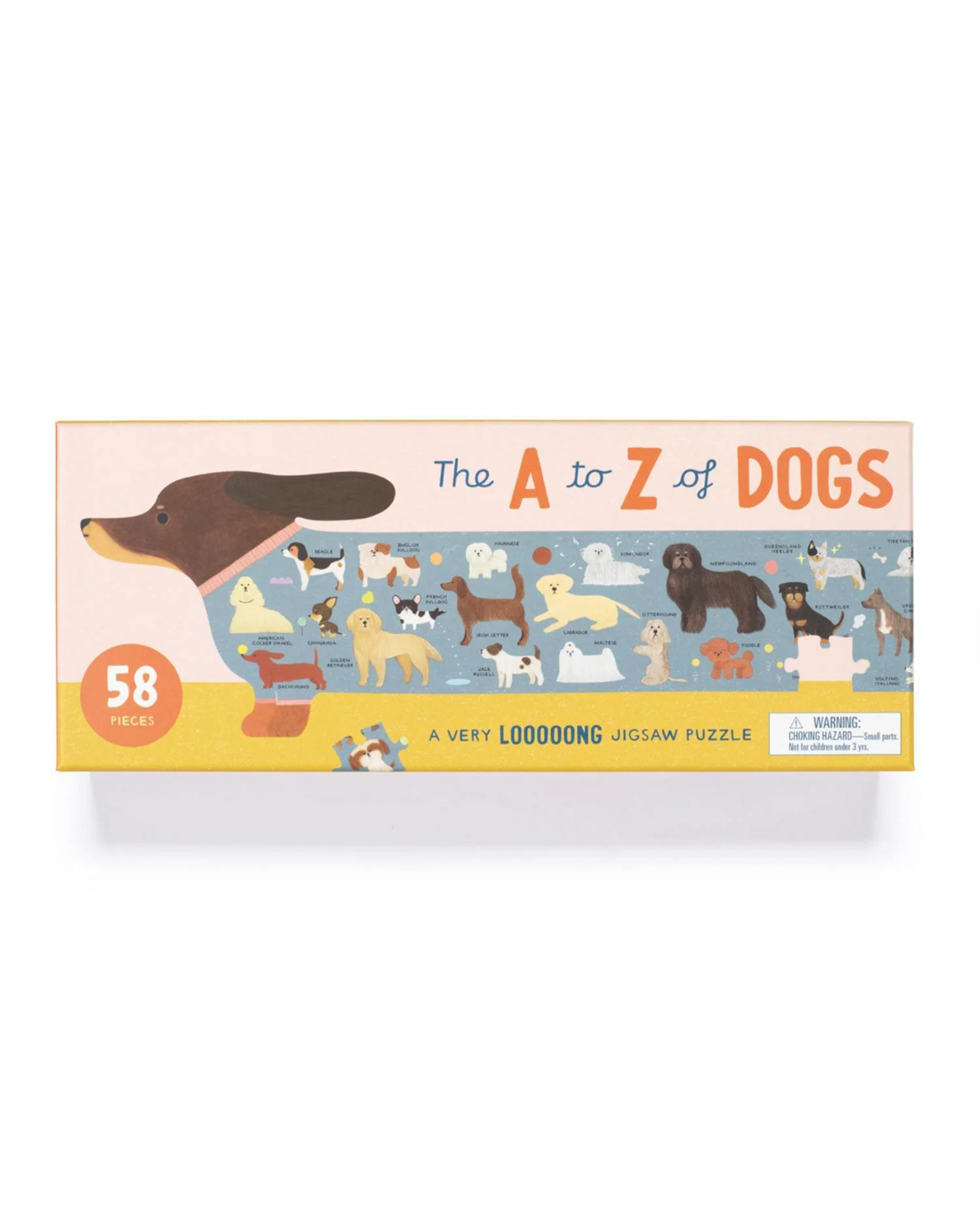 50 piece puzzle box showing a sausage dog shaped puzzle with a body made of many breeds of dogs