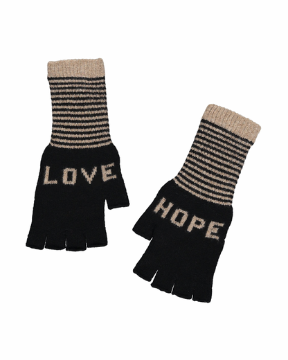 Fingerless Love Hope Gloves in Black and Taupe