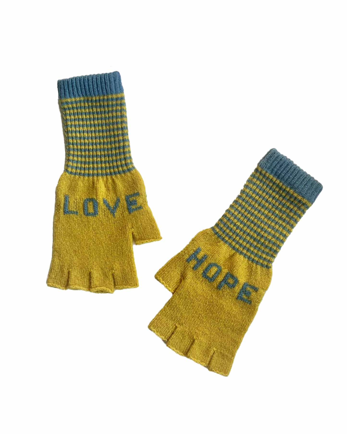 Fingerless Love Hope Gloves in Yellow and Sea Blue