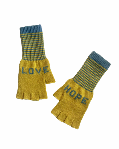 Fingerless Love Hope Gloves in Yellow and Sea Blue