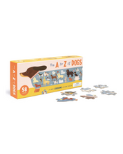 puzzle box showing a sausage dog shaped puzzle with a body made of many breeds of dogs. Each puzzle piece is quite large. For children