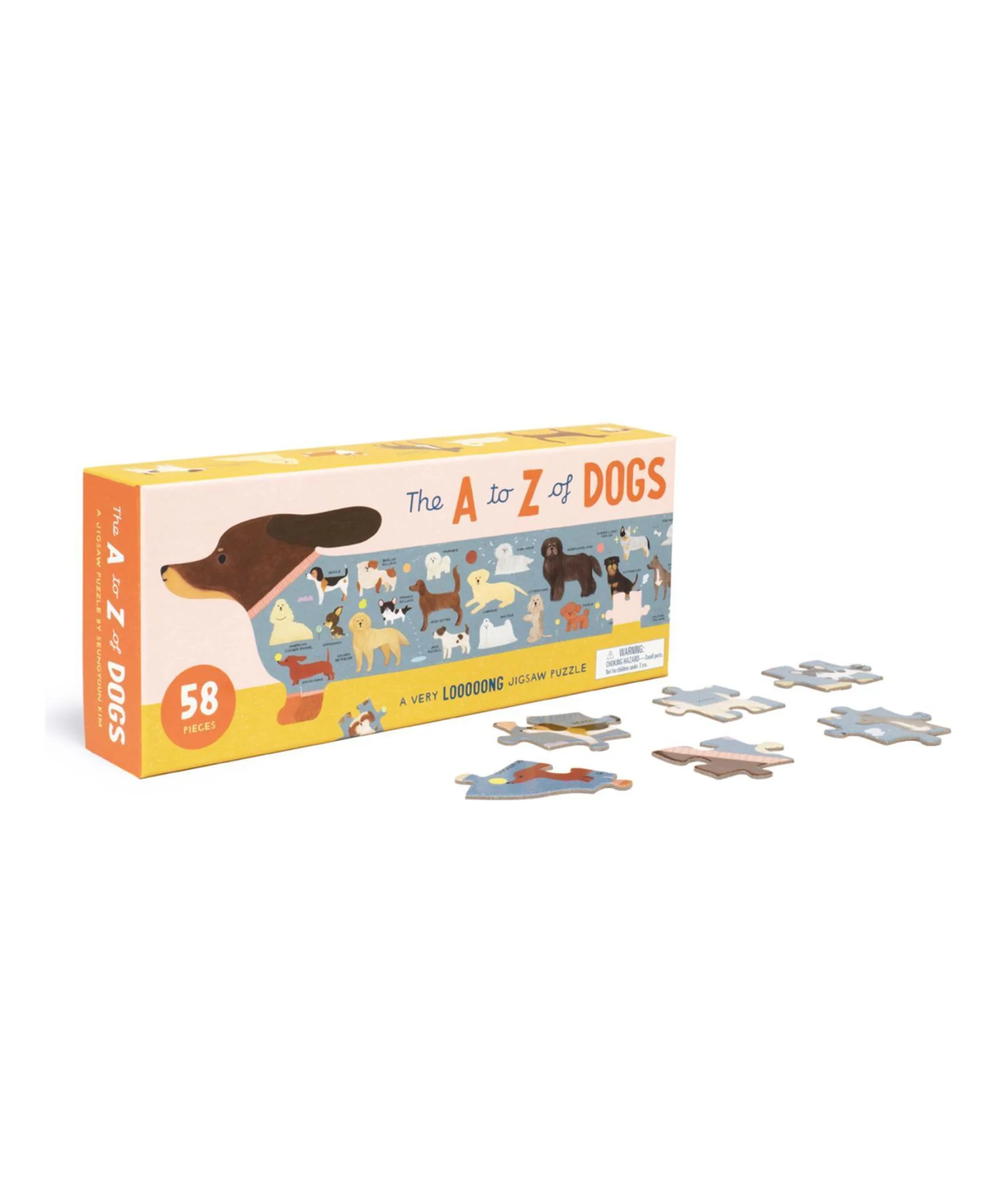 puzzle box showing a sausage dog shaped puzzle with a body made of many breeds of dogs. Each puzzle piece is quite large. For children