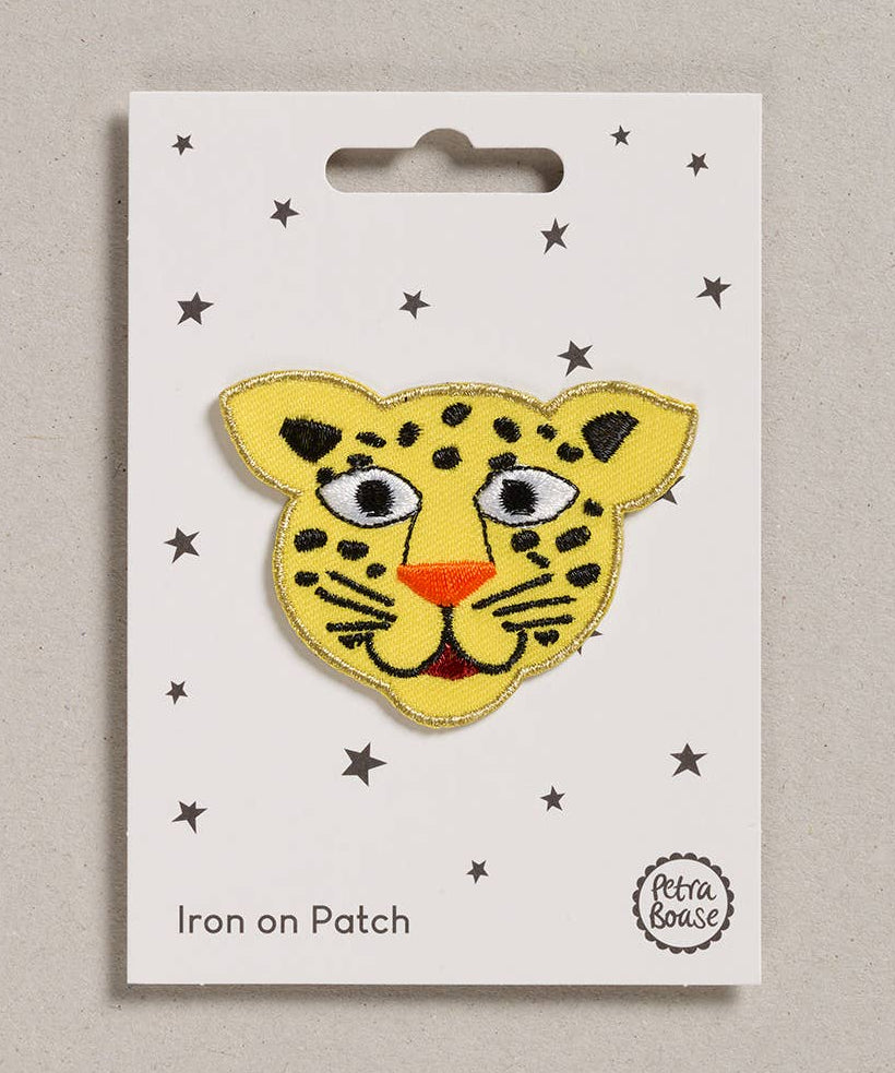 Petra Boase leopard face iron-on embroidered patch on neutral background