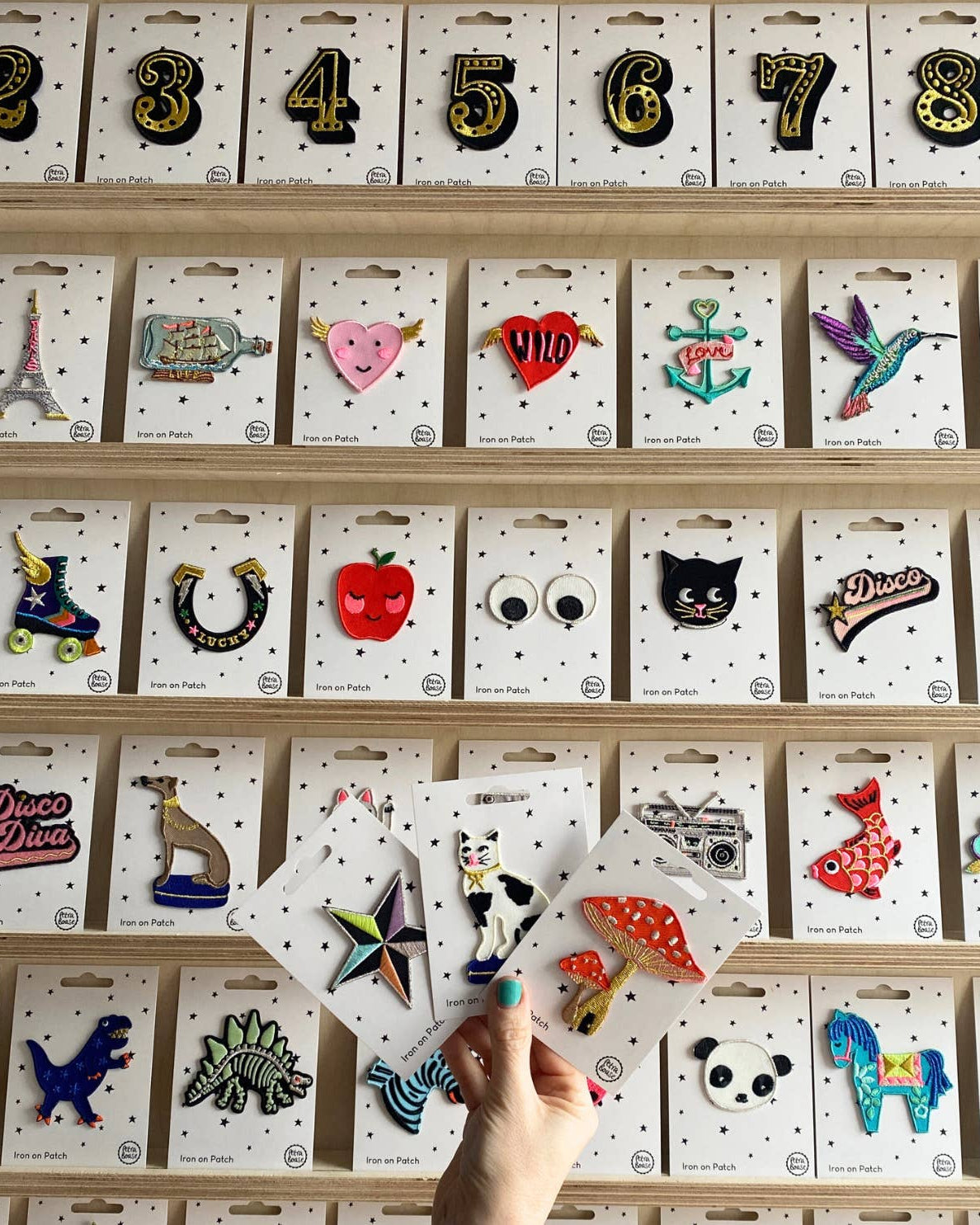 A wall of iron on patches