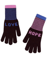 Pair of gloves with 'LOVE' and 'HOPE' text on a white background