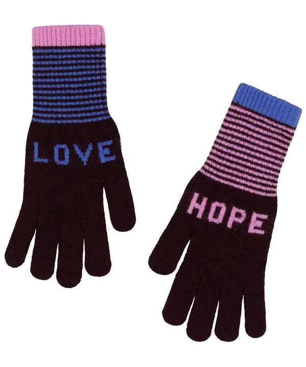 Pair of gloves with 'LOVE' and 'HOPE' text on a white background