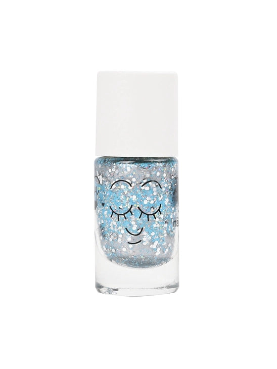 Luna Glittery Blue water-based nail polish by Nailmatic, featuring a cartoon character design on the label.