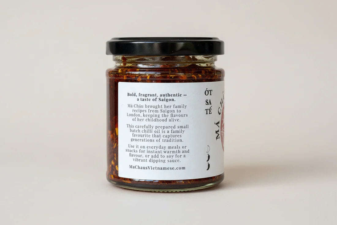 Jar of Má Chá Vietnamese dipping sauce with a label on a light background