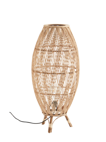 The Every Space electric Bamboo Foor Lamp with curved shape on a tripod of bamboo legs, rattan and plywood by Madam Stoltz