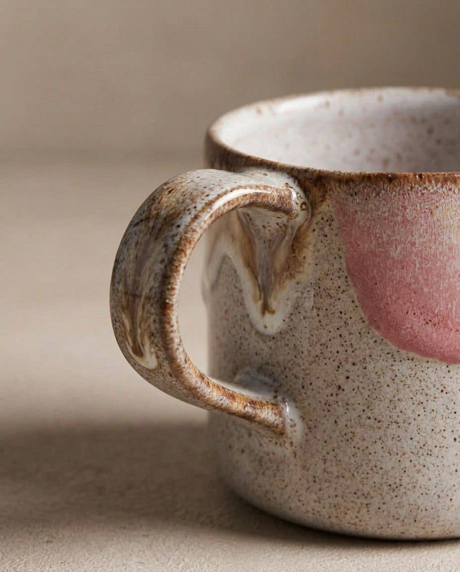Egg Back Home Mug, pink and neutral toned mug on light neutral background 