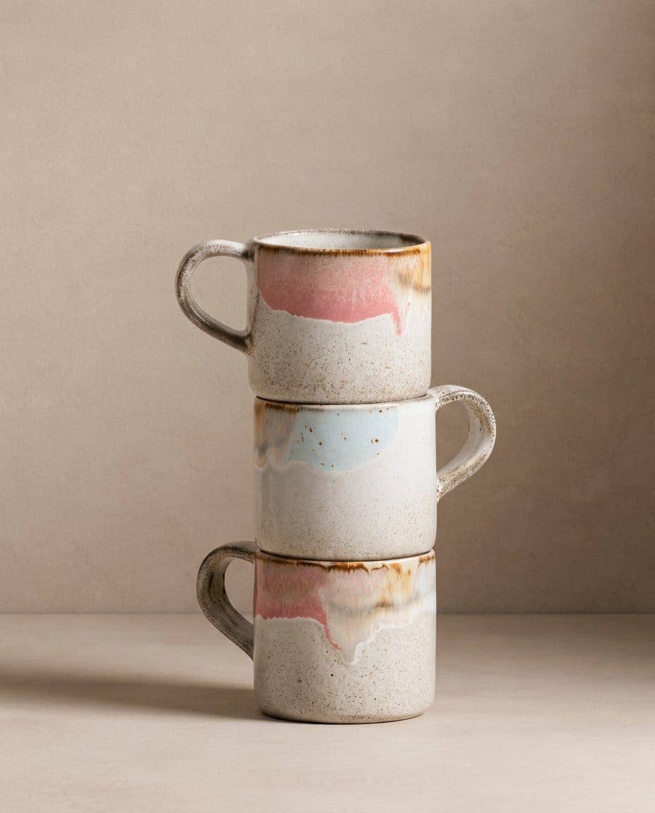 Egg Back Home Mug, pink and neutral toned mug on light neutral background 