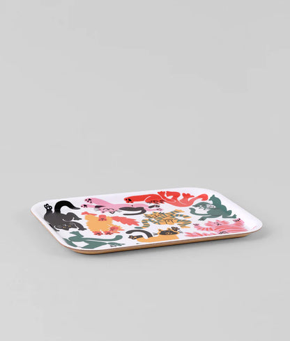 Small wooden rectangle tray with fun illustration of multi coloured cats made in Sweden by Wrap.