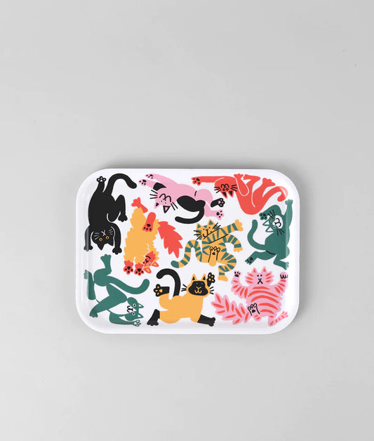 Small wooden tray with multicoloured illustrated cats made in Sweden by Wrap