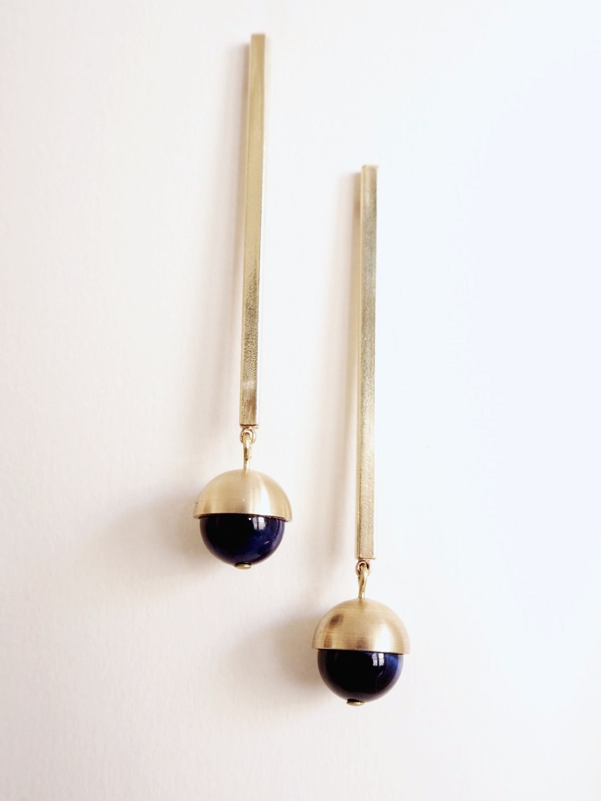 Brass and Bold Earrings | Nucleo, Brass Bar and Cup, Blue Tiger Eye