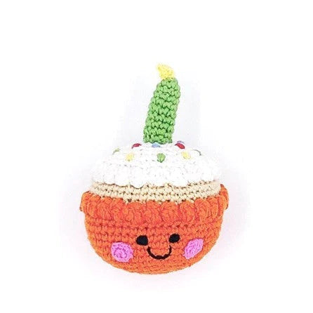 The Every Space handmade new baby orange Cupcake Rattle crocheted in organic cotton with polyester fill by Pebble Child