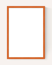 A minimalist vertical picture frame with a thin orange-brown border and a blank white center, shown against a light beige background with a soft drop shadow.
