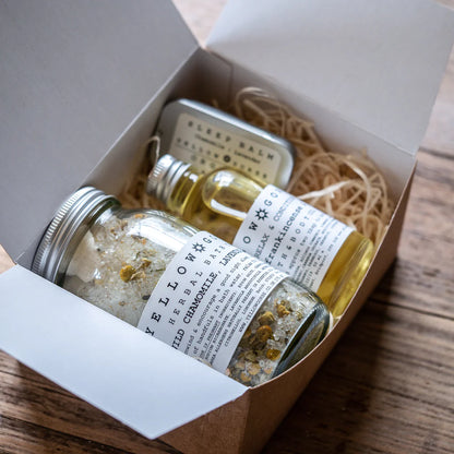 The Every Space Relax & Unwind Botanical Gift Set by Yellow Gorse with Sleep Balm, Bath & Body Oil, and Herbal Bath Tea