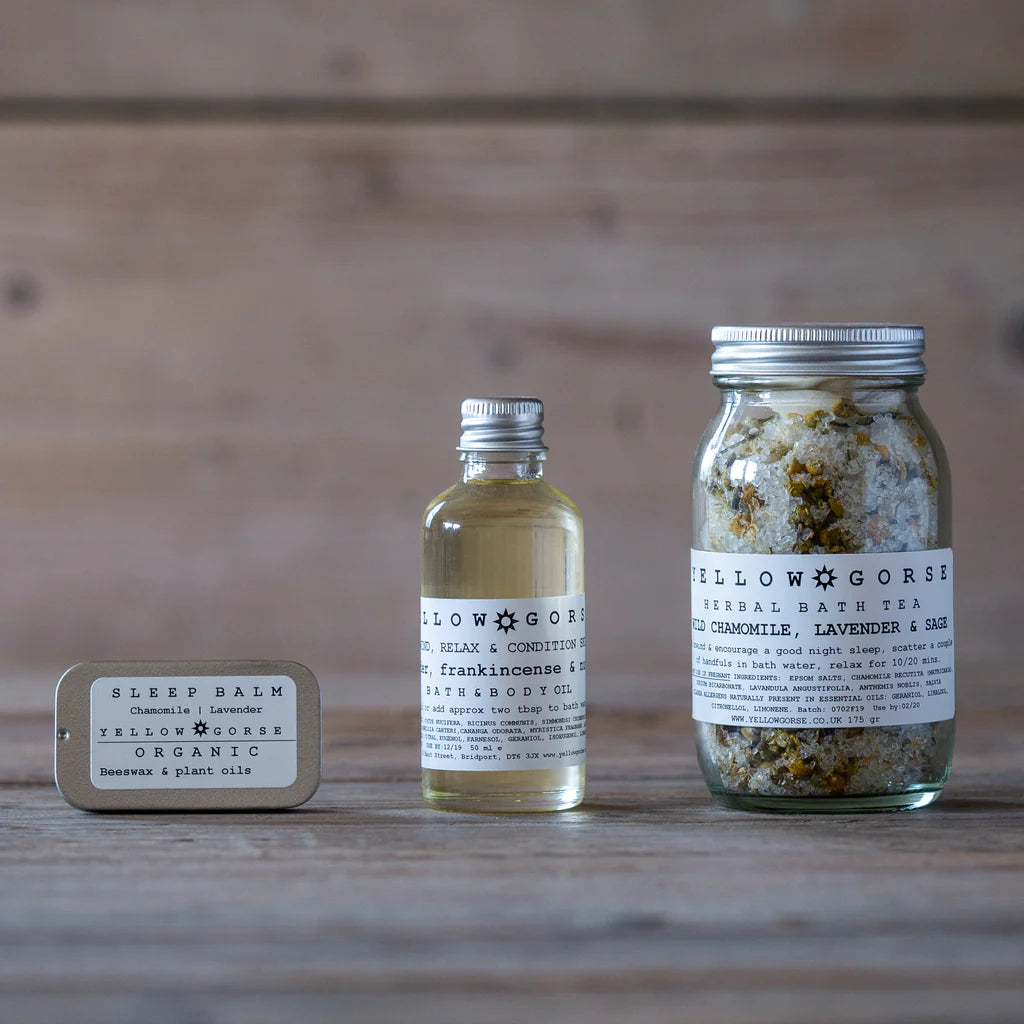 The Every Space Relax & Unwind Botanical Gift Set by Yellow Gorse with Sleep Balm, Bath & Body Oil, and Herbal Bath Tea