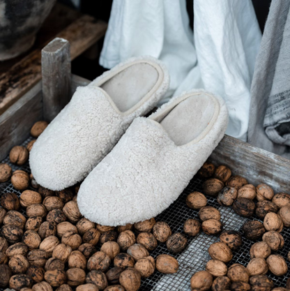 The Every Space genuine sheepskin Rosie slippers in creme, and lined with wool, by Shepherd of Sweden