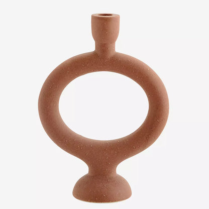 Stoneware Candle Holder, Round Body in Brick