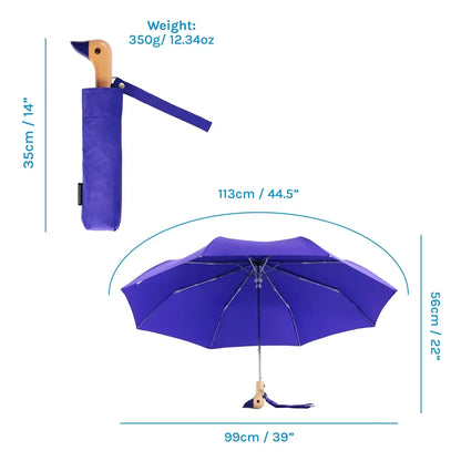 The Every Space compact, eco-friendly and lightweight, Royal Blue Umbrella, with 100% recycled, wind resistant fabric on a high-strength steel frame, sustainably sourced birch handle made from one solid piece of wood, and automatic open button, by Original Duckhead.