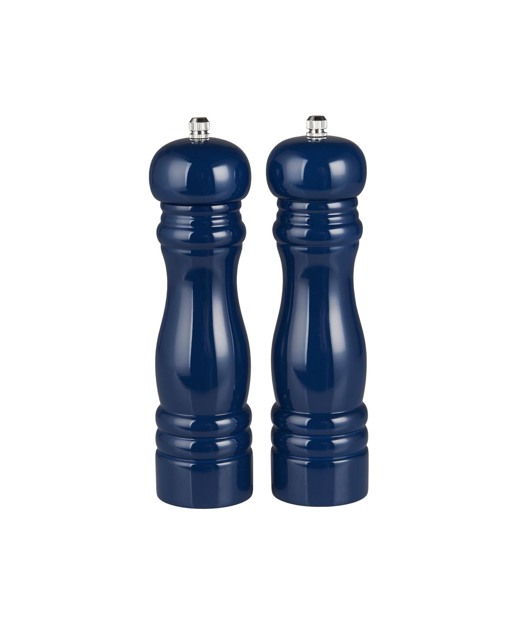 Pair of navy blue salt and pepper shakers on a white background