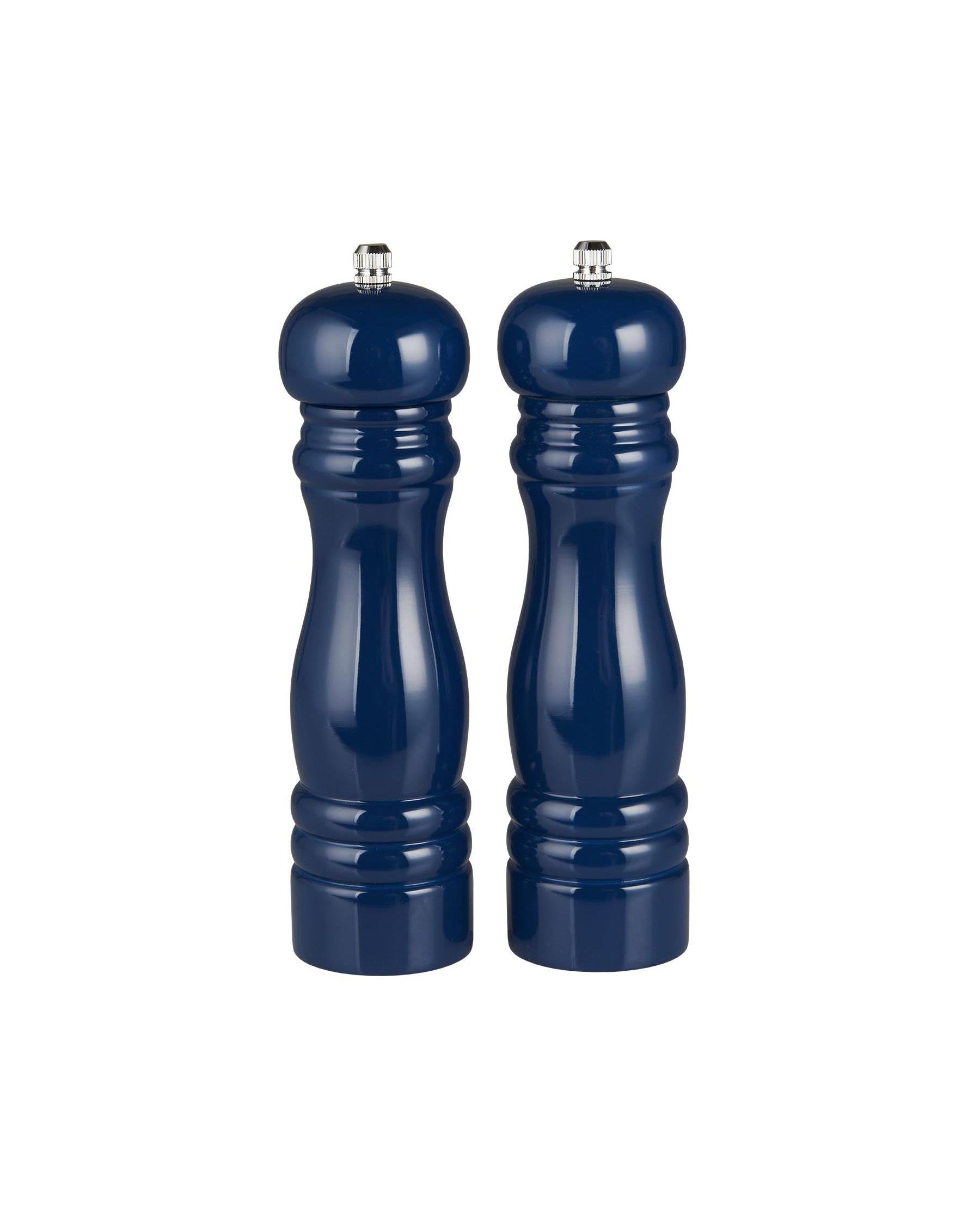 Pair of navy blue salt and pepper shakers on a white background