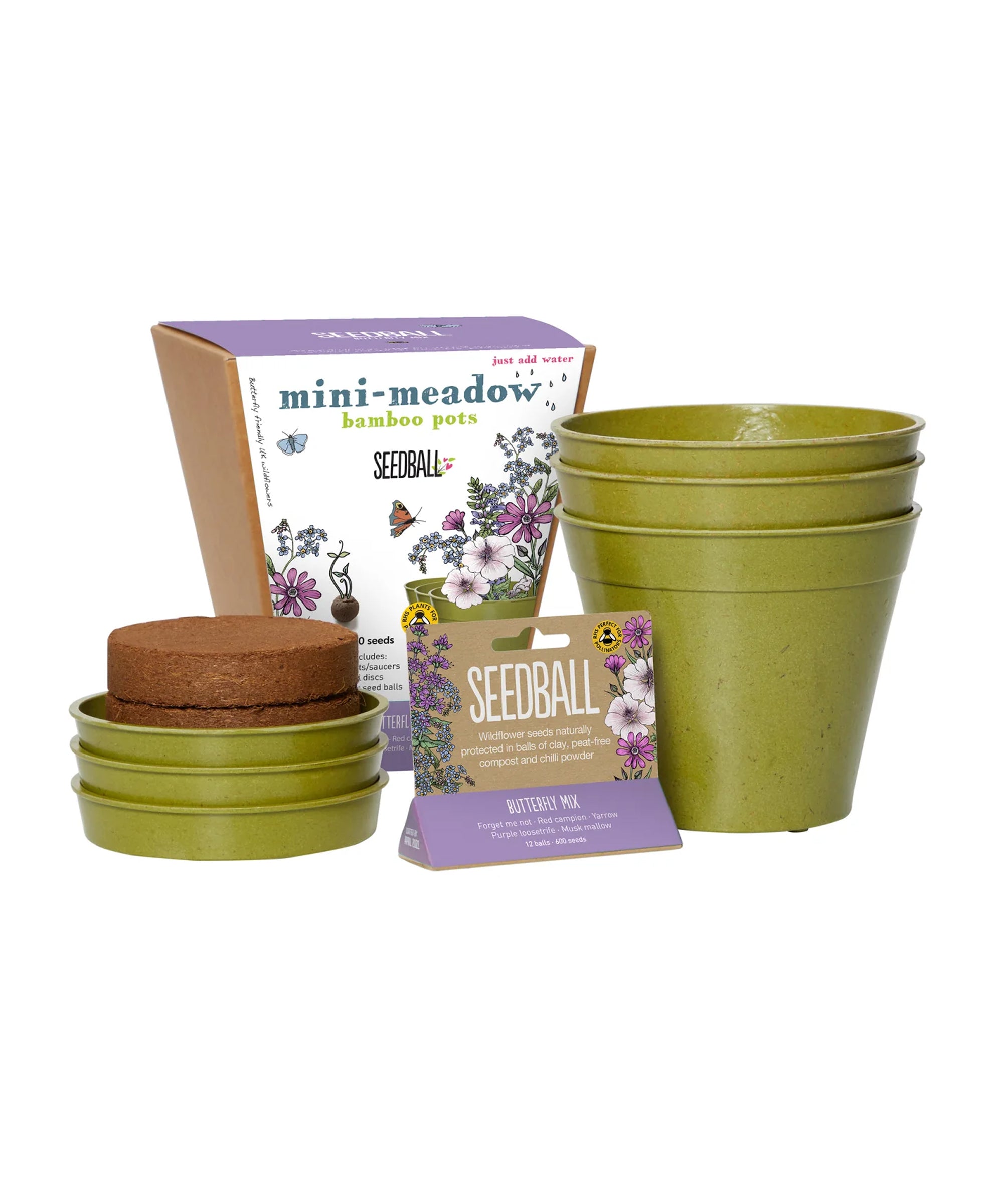 The Every Space Garden Mini-Meadow with 3 biodegradable, compostable bamboo pots and saucers, peat-free coir discs, and 12 wildflower seed balls containing approximately 30 wildlife-friendly wildflower seeds, by Seedball