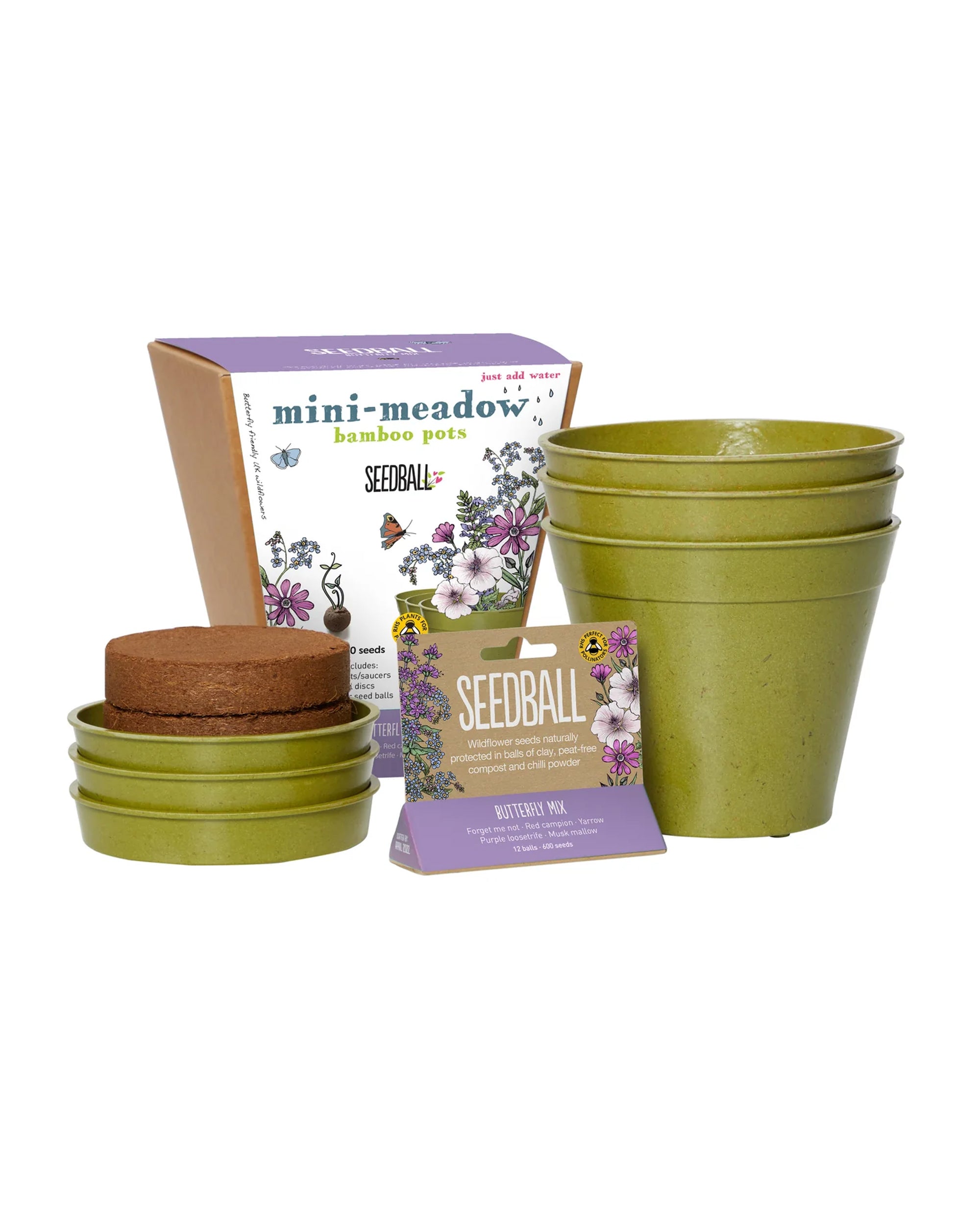 The Every Space Garden Mini-Meadow with 3 biodegradable, compostable bamboo pots and saucers, peat-free coir discs, and 12 wildflower seed balls containing approximately 30 wildlife-friendly wildflower seeds, by Seedball