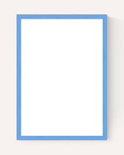 A minimalist vertical picture frame with a solid blue border and a blank white center, shown against a light beige background with a soft drop shadow.