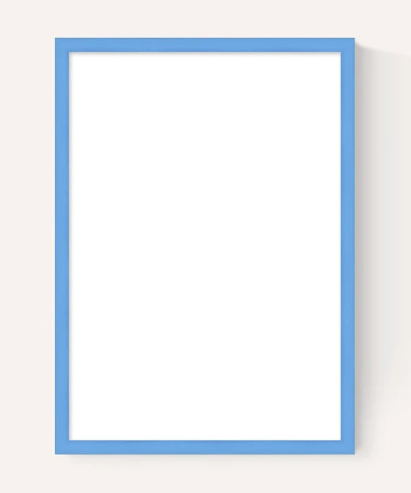 A minimalist vertical picture frame with a solid blue border and a blank white center, shown against a light beige background with a soft drop shadow.