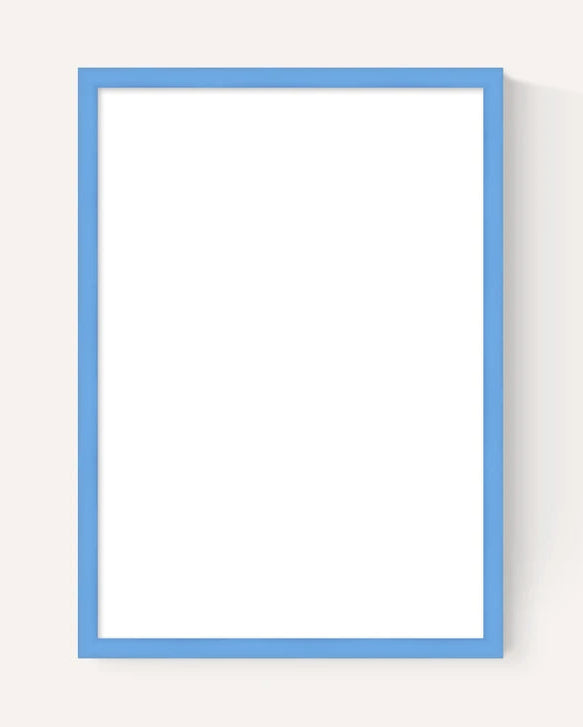 A minimalist vertical picture frame with a solid blue border and a blank white center, shown against a light beige background with a soft drop shadow.