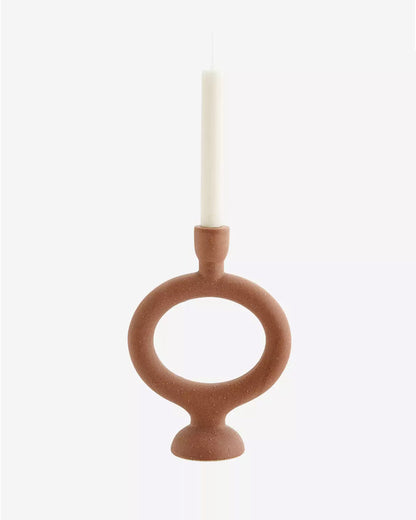 Stoneware Candle Holder, Round Body in Brick