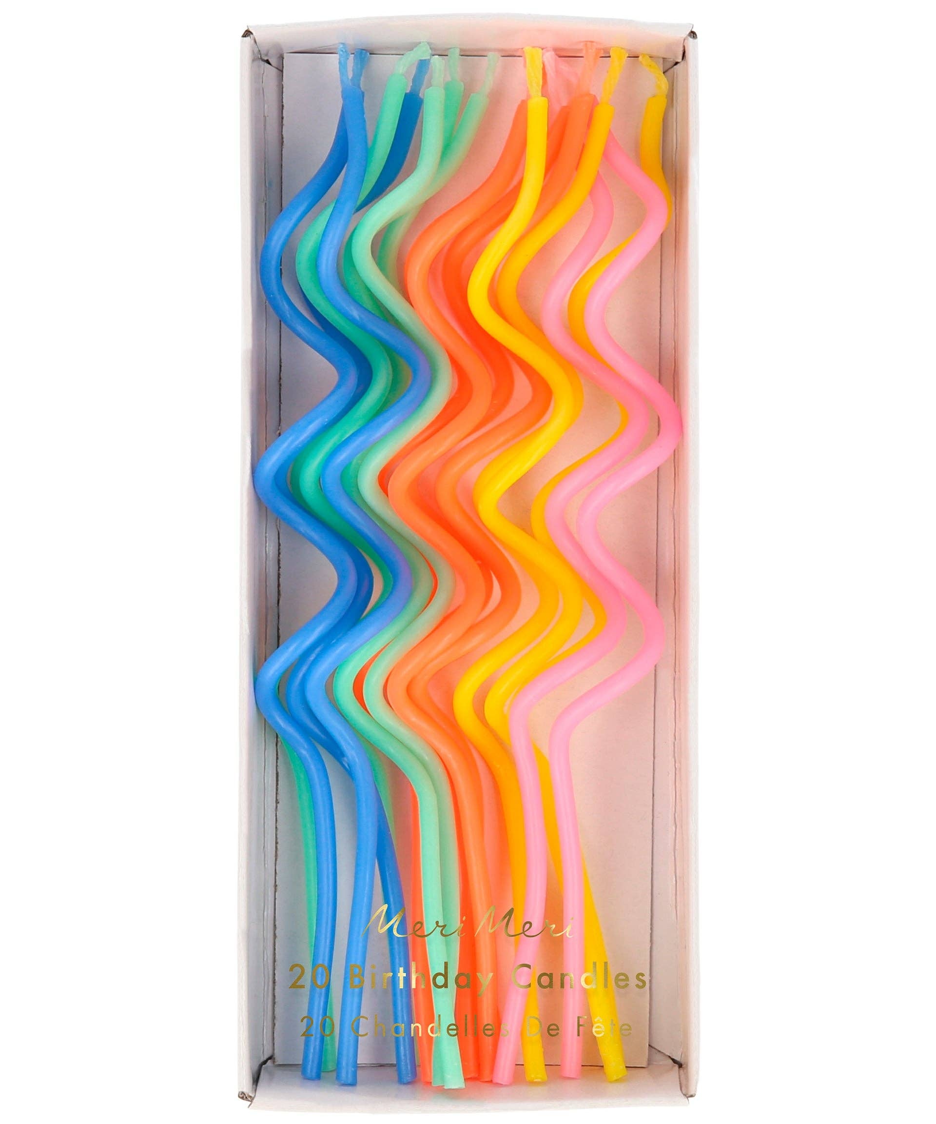 Box of colorful wavy candles with 'Meri Meri' branding on a white background