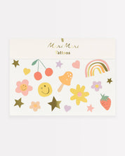 Sheet of small tattoos with colorful designs on a white background
