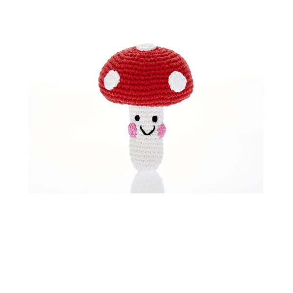 The Every Space handmade new baby red and white Toadstool Rattle crocheted in organic cotton with polyester fill by Pebble Child