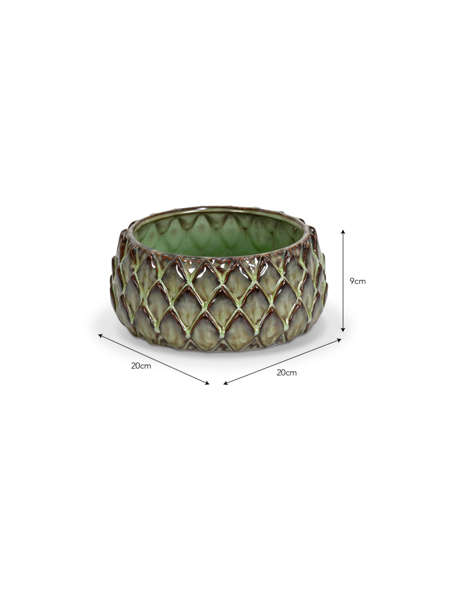 Decorative green plant pot with dimensions on a white background