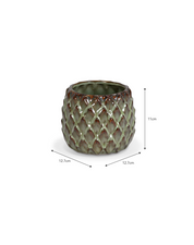 Decorative plant pot with lattice pattern and dimensions on a white background
