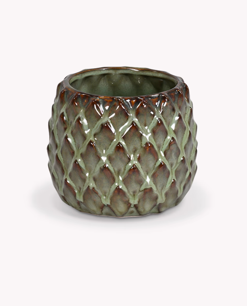 Ceramic plant pot with textured design on a white background