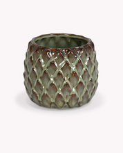 Ceramic plant pot with textured design on a white background