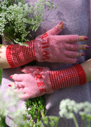 Fingerless Lambswool 'Wild Free' Gloves | Raspberry Pink & Red