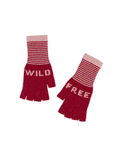 Red fingerless gloves with 'WILD' and 'FREE' text on a white background