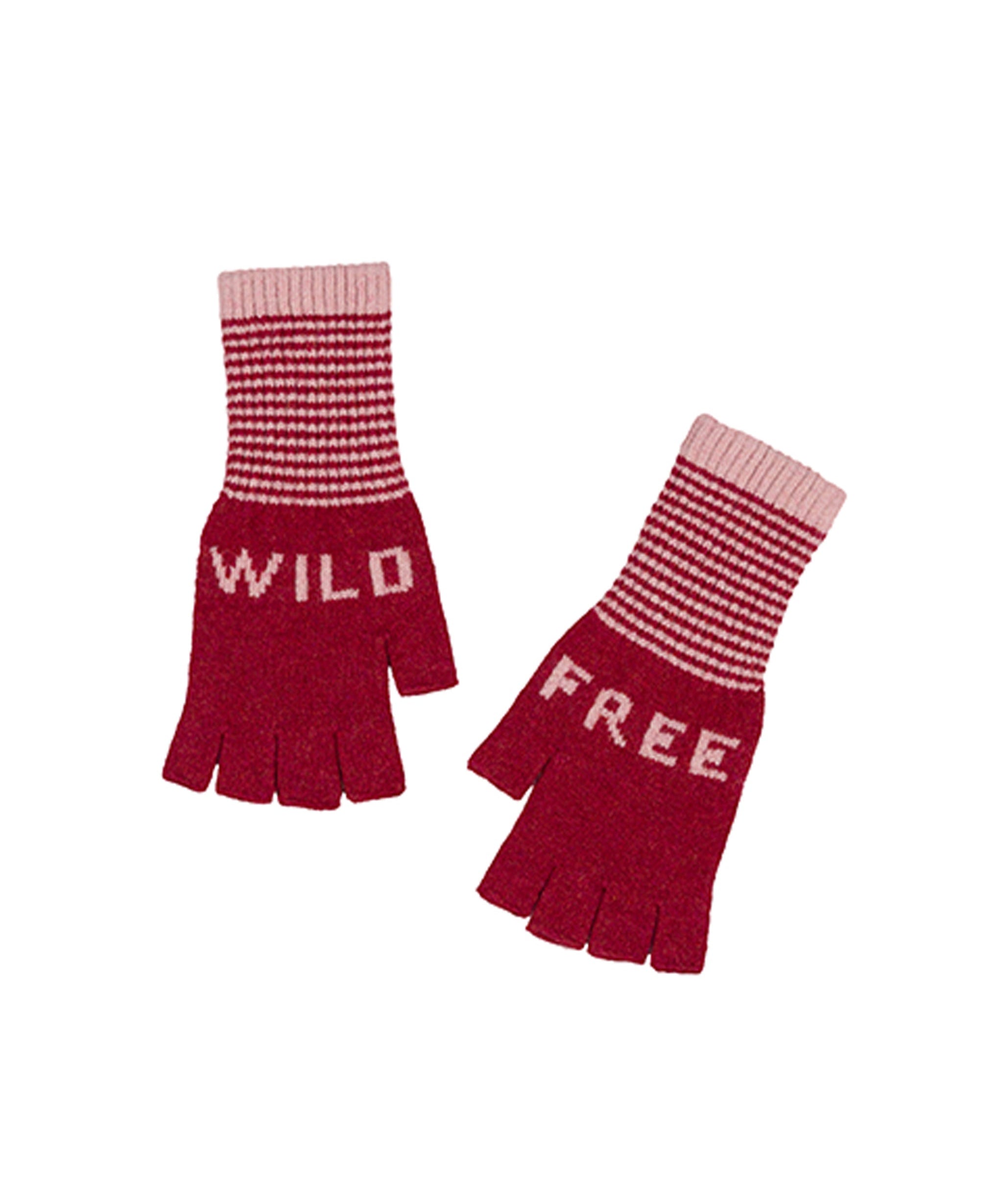 Red fingerless gloves with 'WILD' and 'FREE' text on a white background