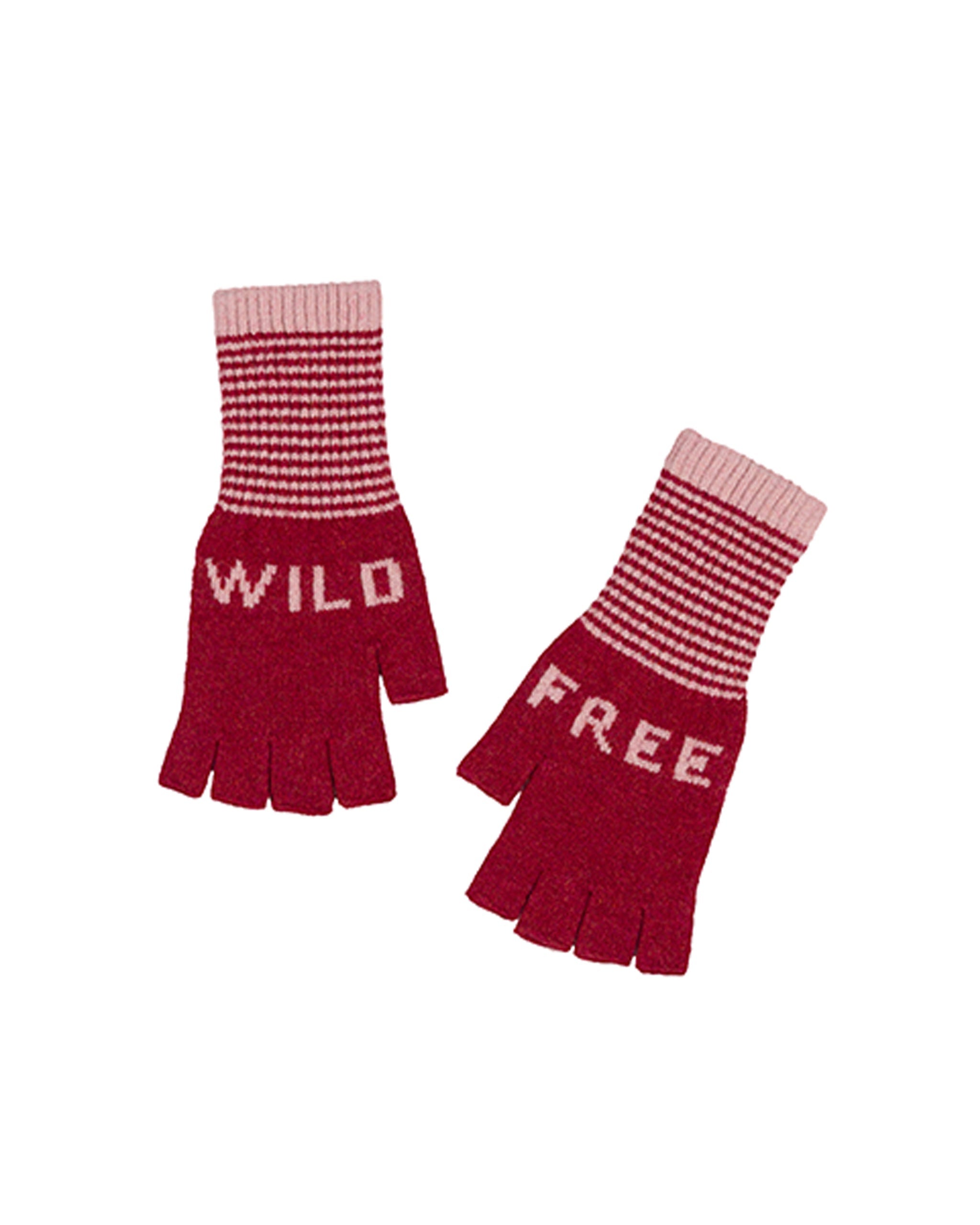 Red fingerless gloves with 'WILD' and 'FREE' text on a white background
