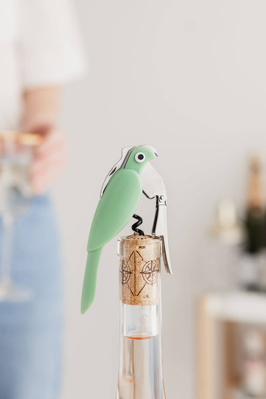 Budgie shaped corkscrew bottle opener in mint green with chrome mechanism by Uberstar