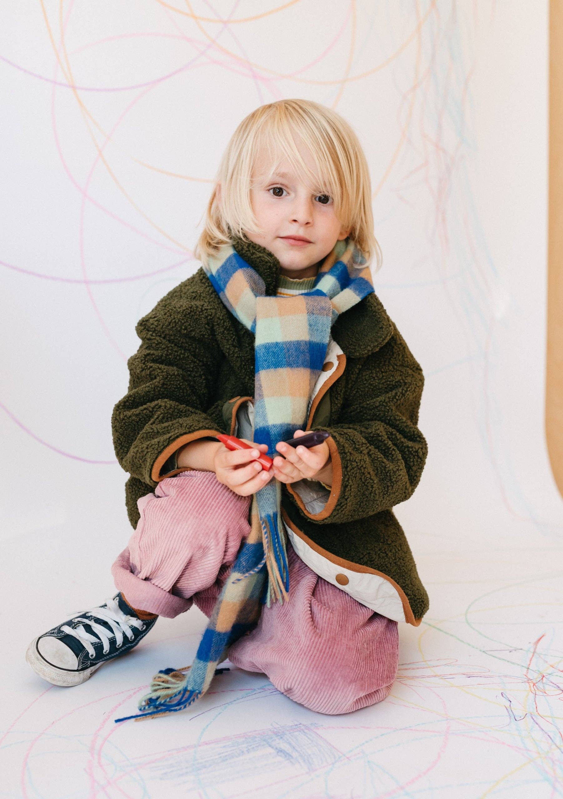 Lambswool Kids Scarf in Blue Multi Gingham